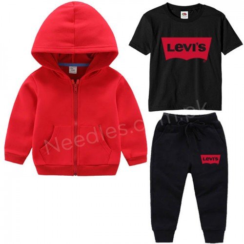 Red Zipper With Black Lev T-shirt Tracksuit For Kids