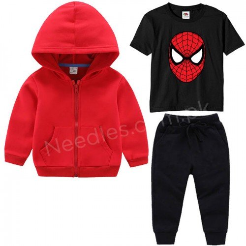 Red Zipper With Black Spiderman T-shirt Tracksuit For Kids