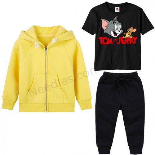 Yellow Zipper Hoodie With Tom & Jerry Tshirt Winter Tracksuit For Kids