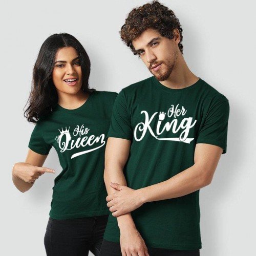 King n Queen High Quality Green T-Shirt For Couple