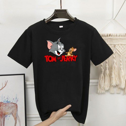 Tom n Jerry Half Sleeves Printed T-Shirt in Black