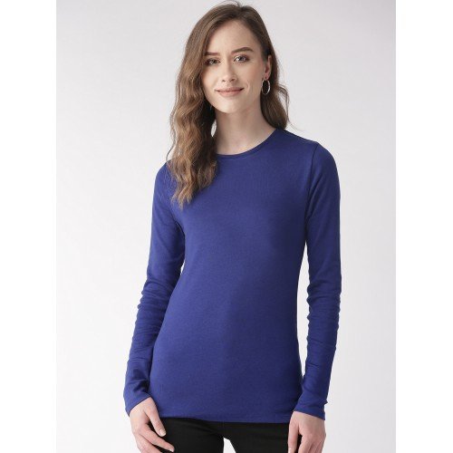 Blue Plain Half Sleeves T-Shirt For Ladies