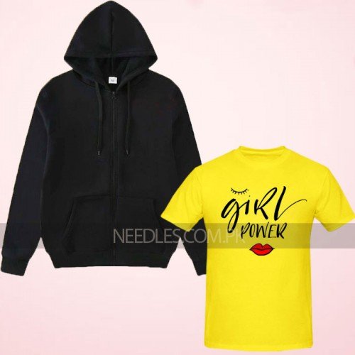 Girls Power yellow Printed T-Shirt with Zipper Hoodie