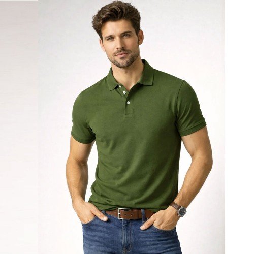 Olive Green Plain Polo T-Shirt For Men's