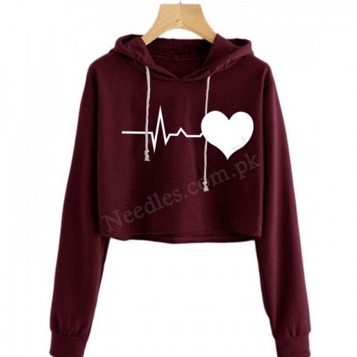 Maroon Heart Line Crop Hoodie For Women's Maroon Heart Line Crop Hoodie For Women's