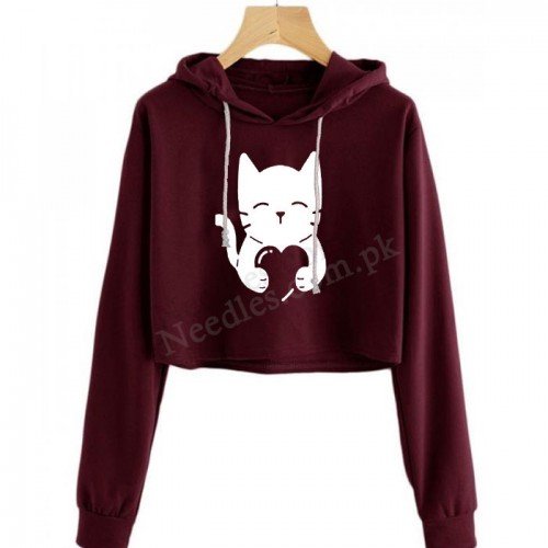 Maroon Love Heart Cat Crop Hoodie For Women's