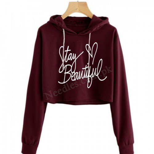 Maroon Stay Beautiful Crop Hoodie For Women's
