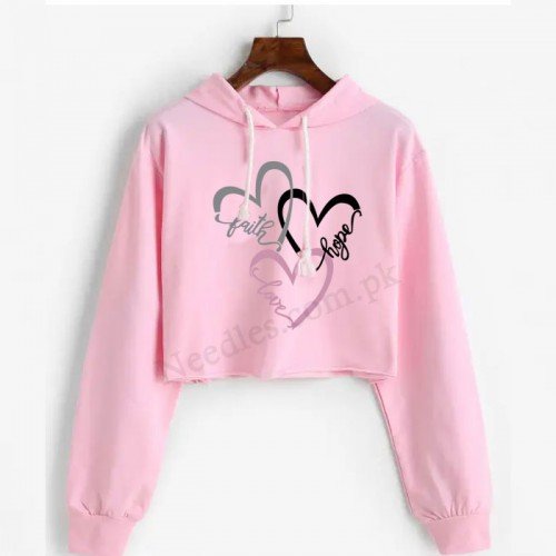 Pink Heart Beautiful Crop Hoodie For Women's