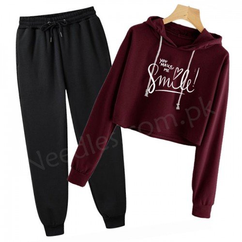 You Make Me Smile Maroon Crop Tracksuit For Women's
