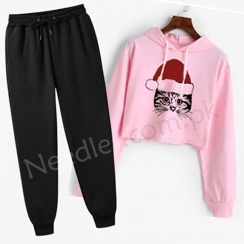 Santa Cat Pink Crop Tracksuit For Ladies