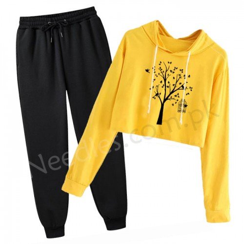 Yellow Tree Crop Tracksuit For Women's