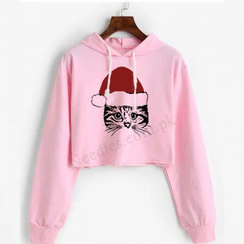 Pink Santa Cat Crop Hoodie For Women's