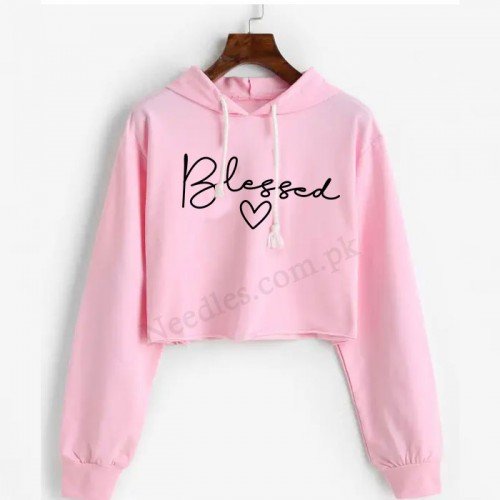 Pink Blessed Crop Hoodie For Women's