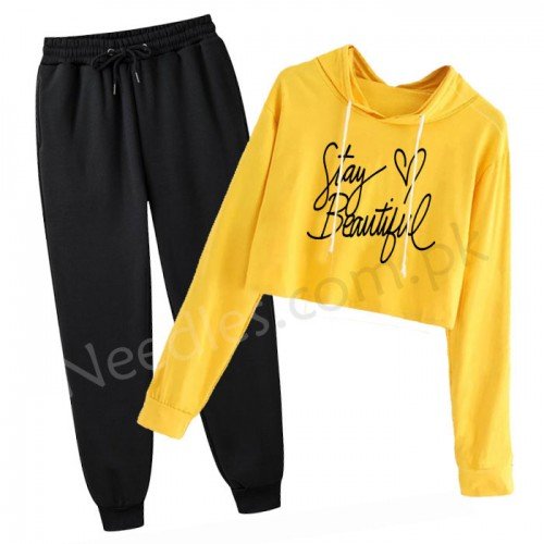 Stay Beautiful Yellow Printed Crop Tracksuit For Women