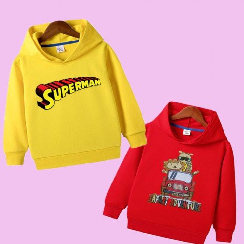 Yellow Superman & Red Cartoon Hoodie For Kids