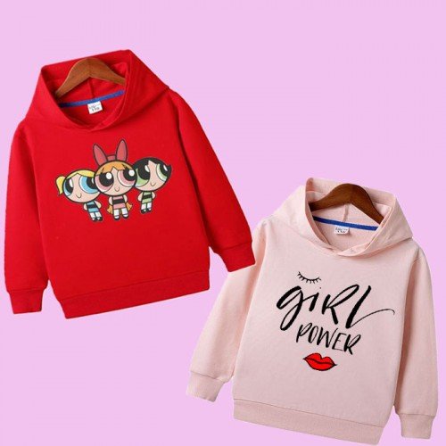 Red Cartoon & Pink Girls Power Hoodie For Kids