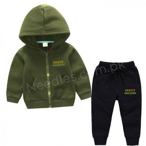 Army Green Zipper Gc TrackSuit For Kids