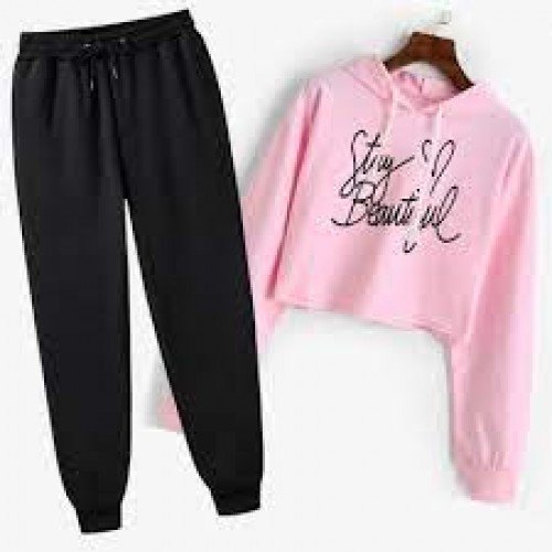 Stay Beautyfull Pink Crop Tracksuit For Women's