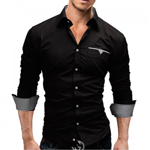 Men Shirt Casual Long Sleeve Chemise Homme Slim Hombre Black