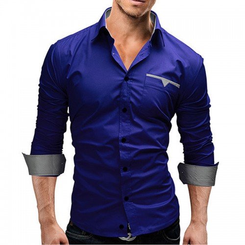 Men Shirt Casual Long Sleeved Chemise Homme Slim Camisas Hombre Blue