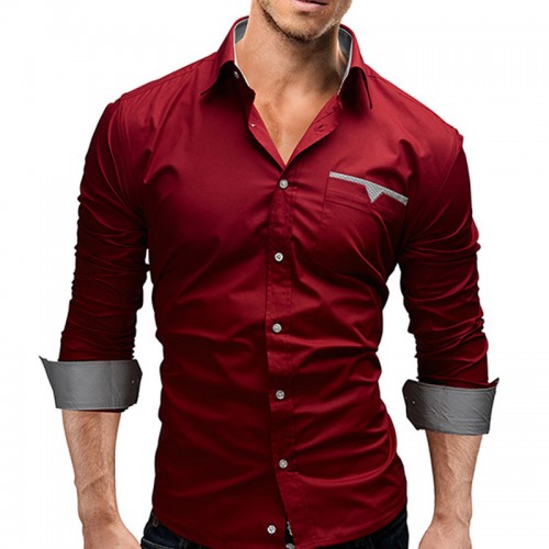 Men Shirt Casual Long Sleeved Chemise Homme Slim Camisas Hombre Maroon