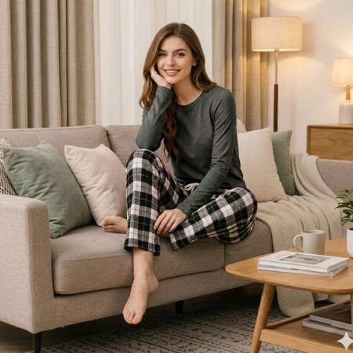 Charcoal Grey Full Sleeves T-Shirt With Check Pajama Charcoal Grey Full Sleeves T-Shirt With Check Pajama