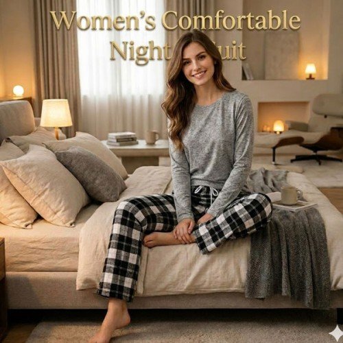Heather Grey Full Sleeves T-Shirt With Check Pajama Heather Grey Full Sleeves T-Shirt With Check Pajama