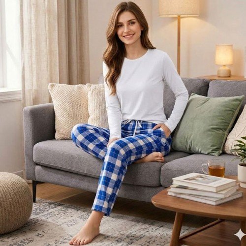 White Full Sleeves T-Shirt With Check Pajama White Full Sleeves T-Shirt With Check Pajama
