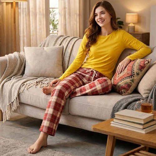 Yellow Full Sleeves T-Shirt With Check Pajama Yellow Full Sleeves T-Shirt With Check Pajama