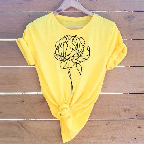 Flower Design Yellow Half Sleeves Printed T-Shirt For Women's