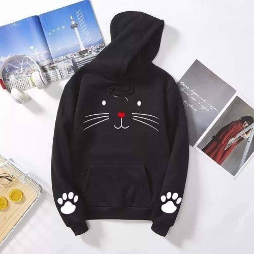 Meow Logo Black Pullover Hoodie For Ladies