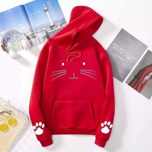 Meow Logo Red Pullover Hoodie For Girls