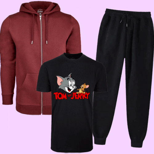 Black & Maroon Tom & Jerry Printed Tracksuit For Women's