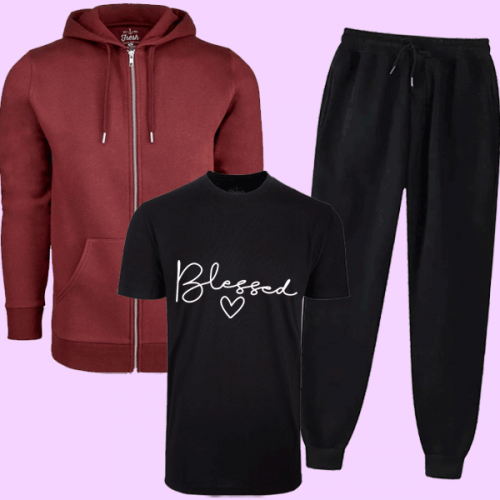Maroon Hood With Black Blessed T-Shirt Tracksuit For women's