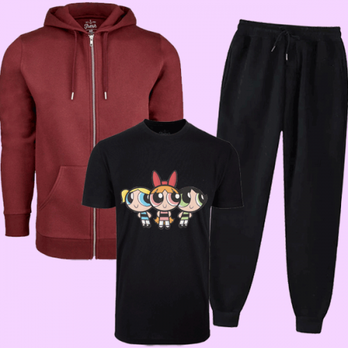 Maroon Hood With Black Cartoon T-Shirt Tracksuit For women's