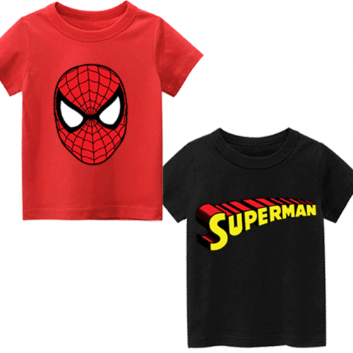 Red Spiderman & Black Superman Printed T-Shirt For Kids