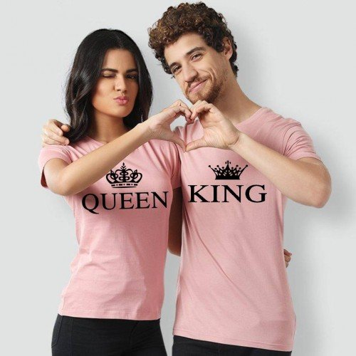 Pack of 2 King n Queen High Quality Pink T-Shirt For Couple