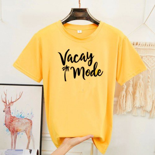Vacaymode Yellow Printed T-Shirt For Ladies