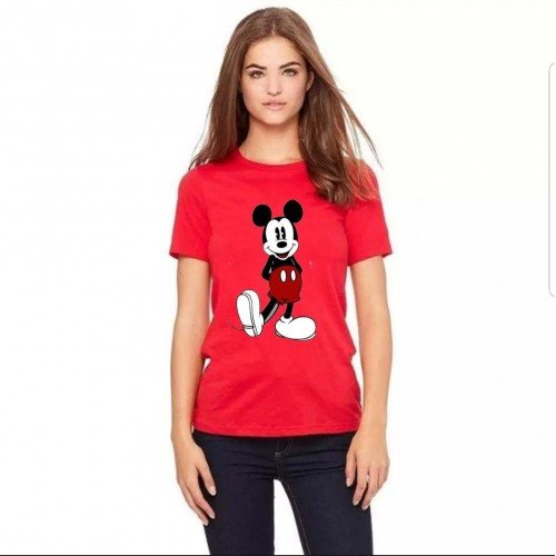 Mickey Red Printed Round Neck T-Shirt For Ladies