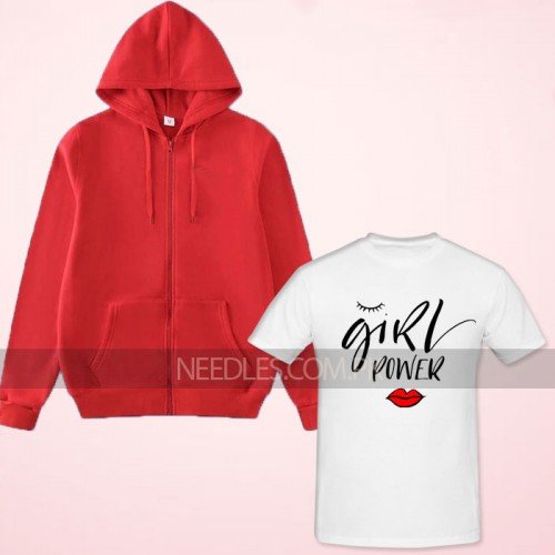 Girls Power White Printed T-Shirt With Red Zipper Hoodie  