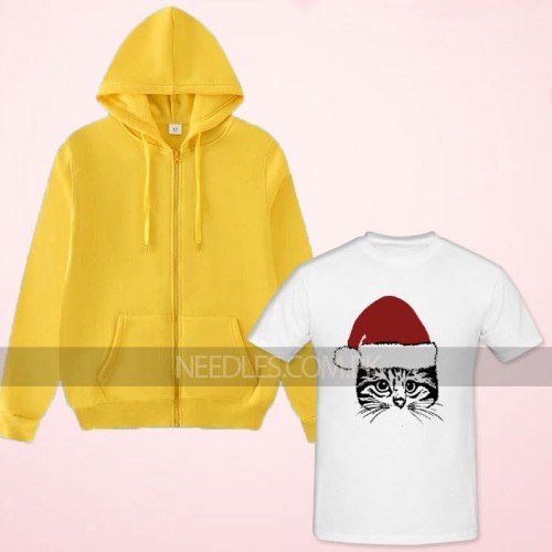 Christmas Cat White T-Shirt with Yellow Zipper Hoodie For Ladies